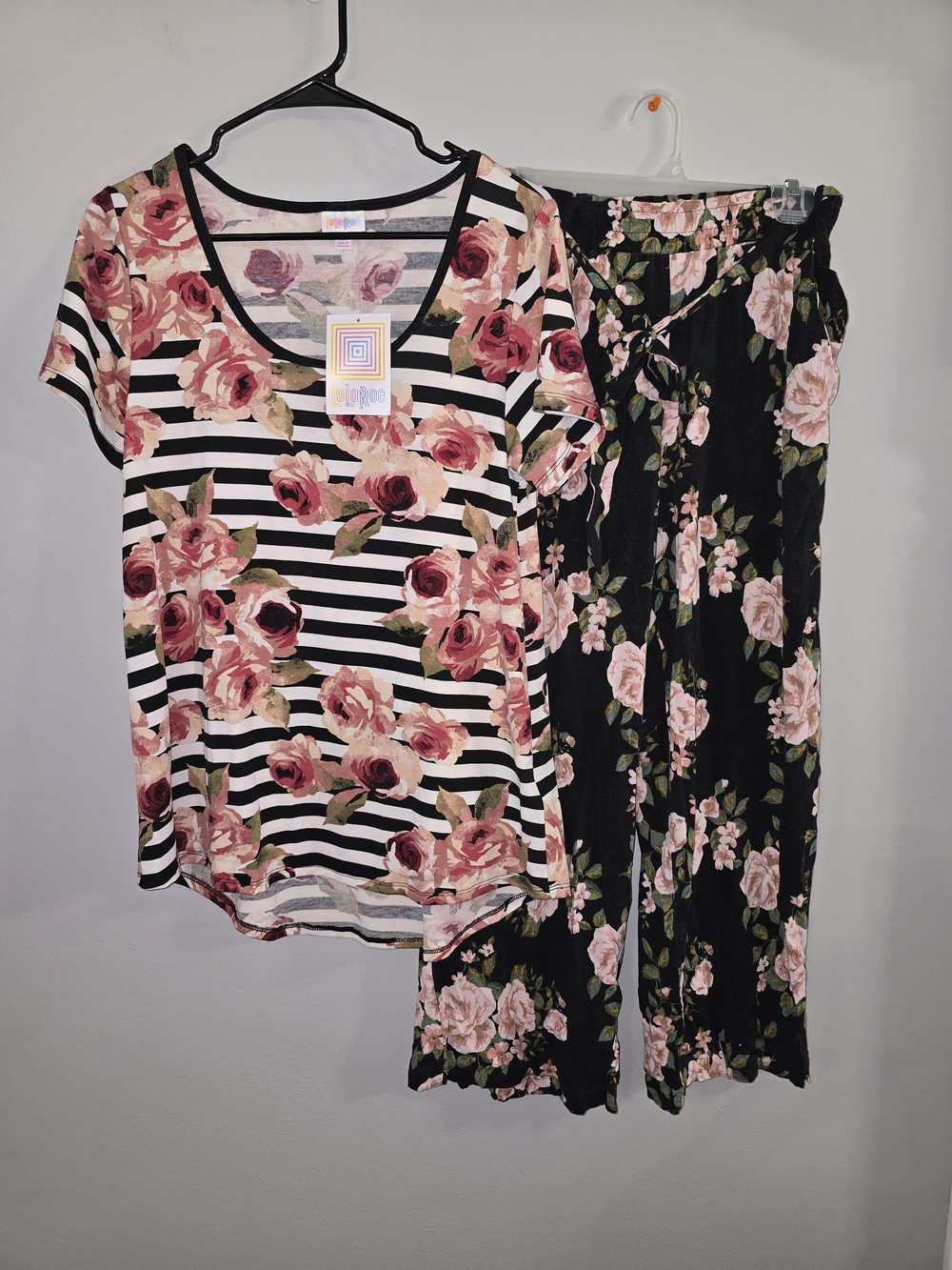 LuLaRoe Black & Pink Floral Striped Top with Floral Cropped Pants